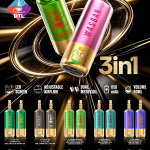 Affiche wasbar 3in1 150k présentant les caractéristiques de l'appareil, ses fonctions internes et dix saveurs différentes de e-liquide