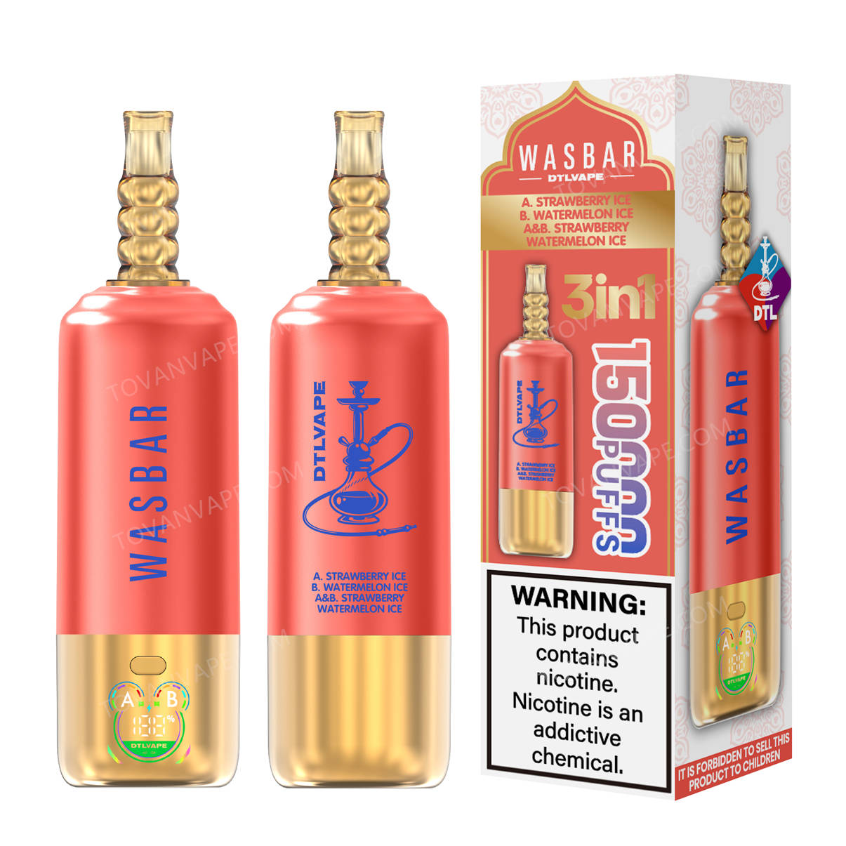 wasbar 3in1 150k, strawberry ice + watermelon ice et son boîtier correspondant