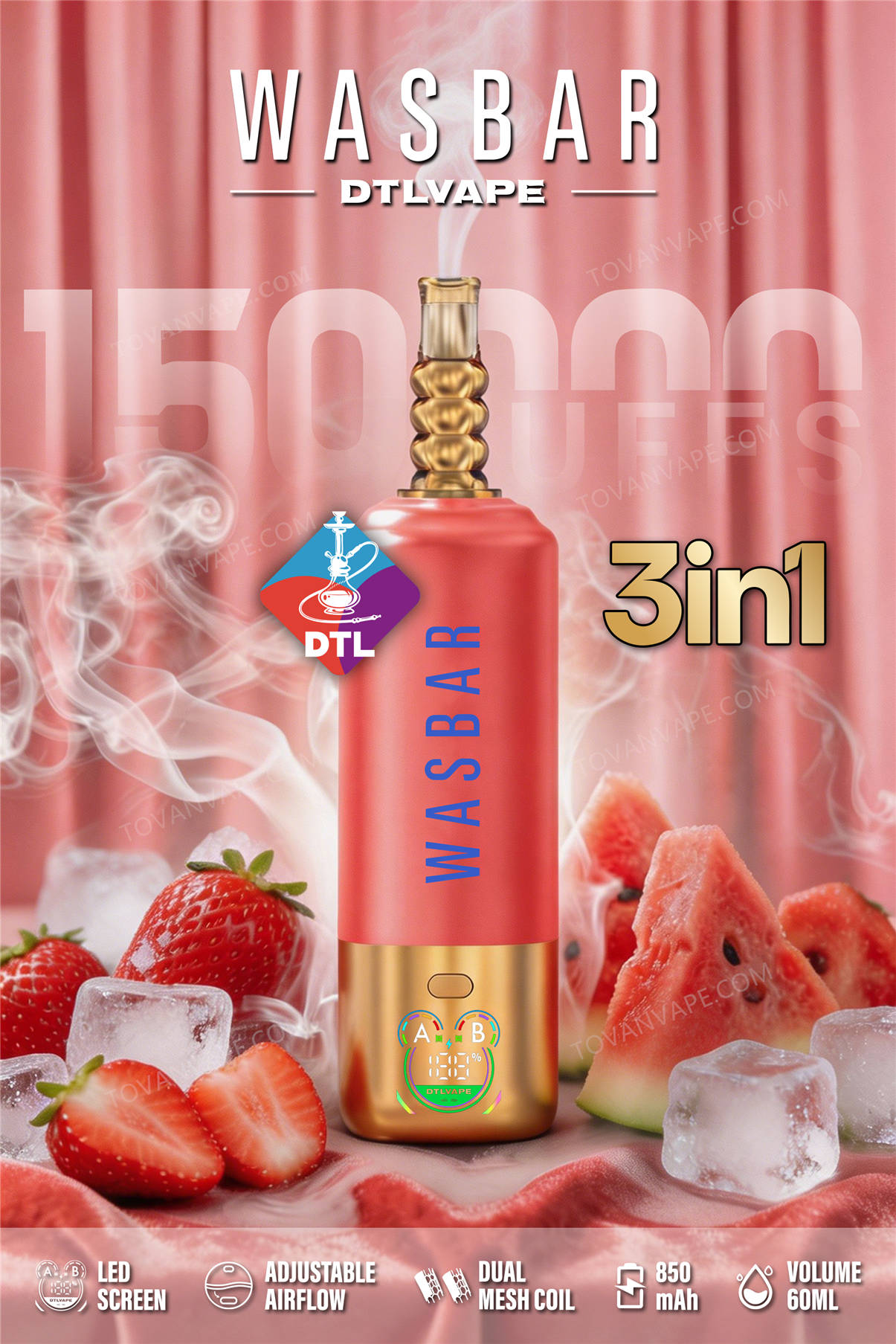wasbar 3in1 150k, strawberry ice et watermelon ice, disposés parmi des fraises rouges, de la pastèque fraîche et de la glace