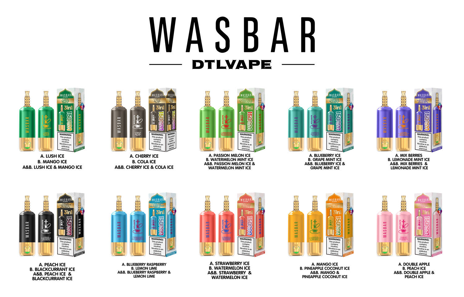 Les cigarettes électroniques wasbar 3in1 150k, disponibles en 10 saveurs différentes, présentées à côté de leurs boîtes de vente au détail respectives