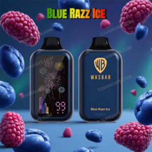 Les modèles wasbar 60k et blue razz ice exposés parmi des framboises bleues sucrées et de la glace pilée