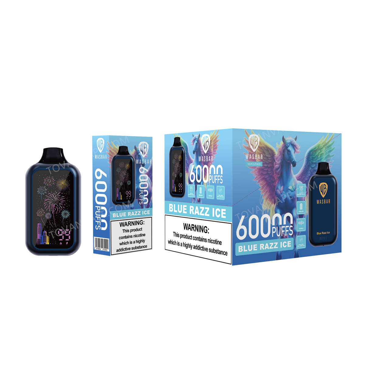 wasbar 60k blue razz ice avec son emballage de vente au détail et son carton de gros