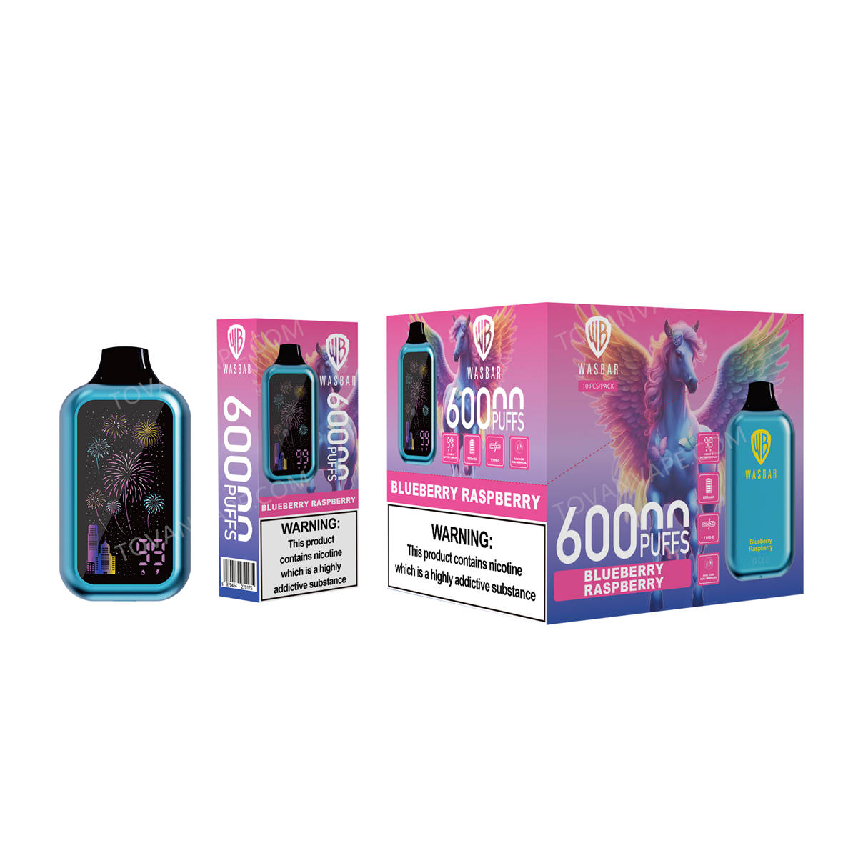 wasbar 60k blueberry raspberry à côté de son emballage individuel et de son emballage en vrac