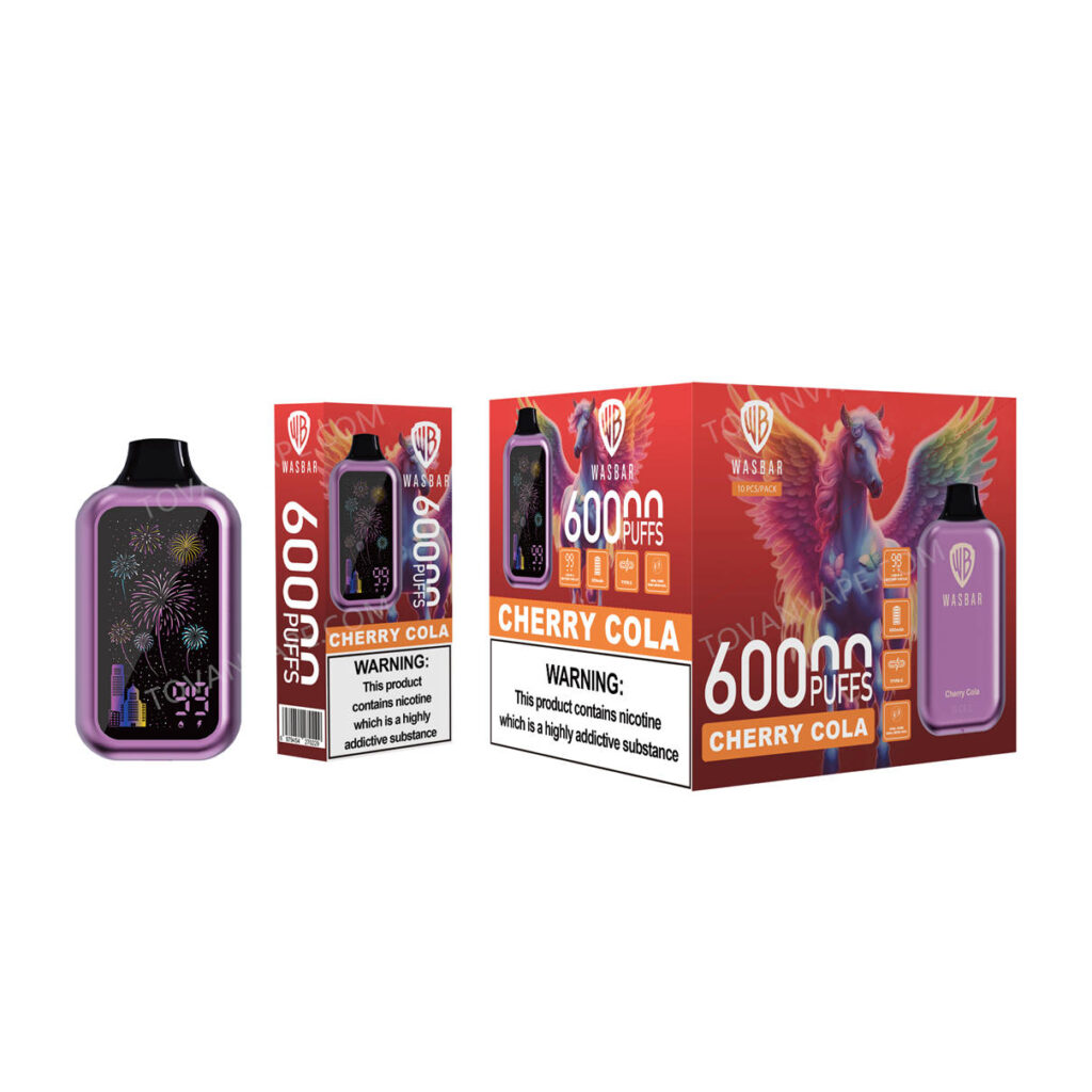 Modèles wasbar 60k et cherry cola présentés avec leur emballage de vente au détail et leur carton de gros Modèles wasbar 60k et cherry cola présentés avec leur emballage de vente au détail et leur carton de gros