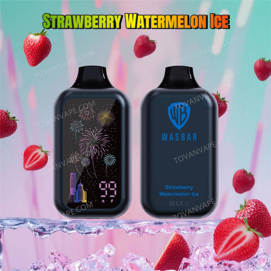 wasbar 60k et strawberry watermelon ice disposés à côté de fraises mûres, de tranches de pastèque et de glaçons wasbar 60k et strawberry watermelon ice disposés à côté de fraises mûres, de tranches de pastèque et de glaçons