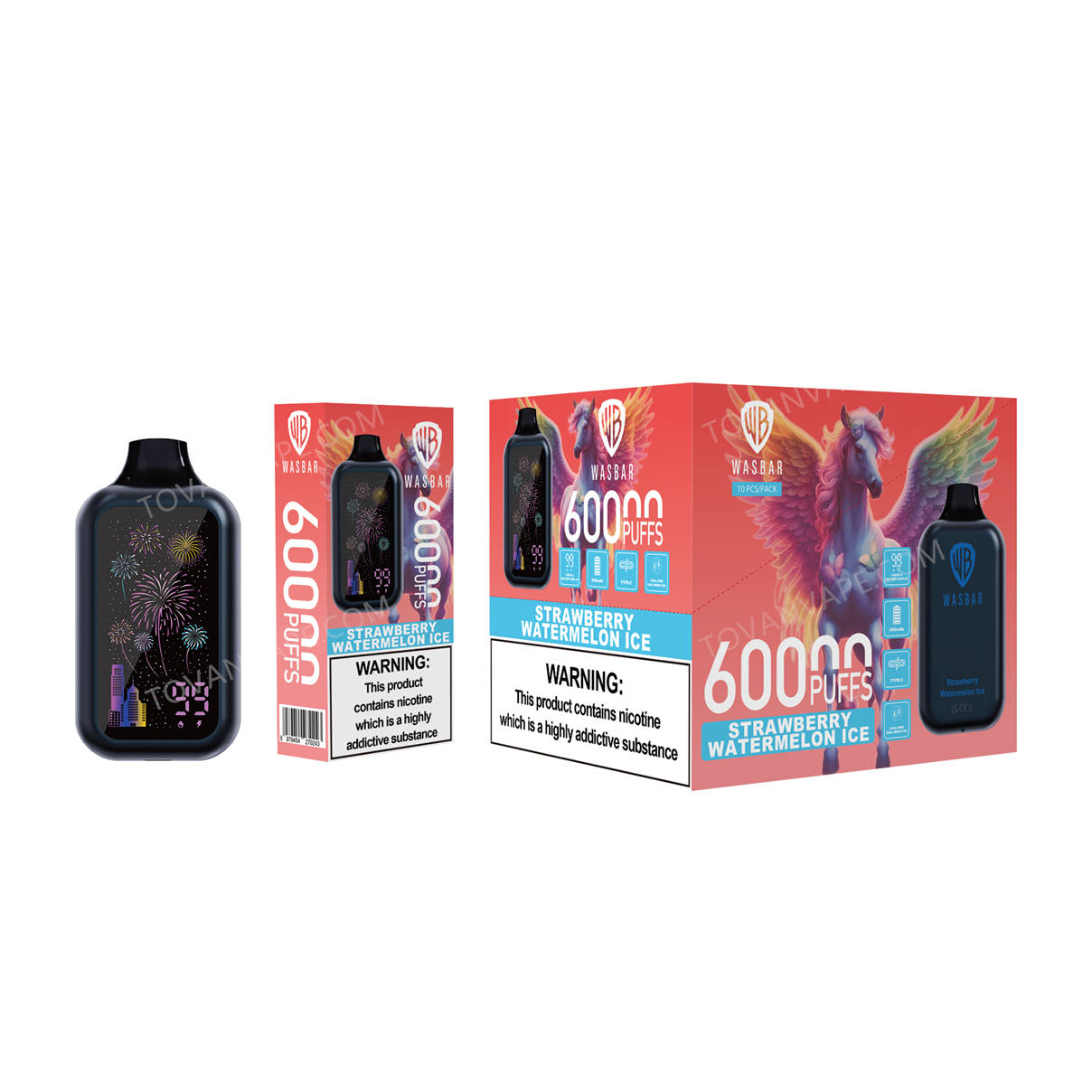 wasbar 60k strawberry watermelon ice, coffret de vente au détail et conditionnement en vrac