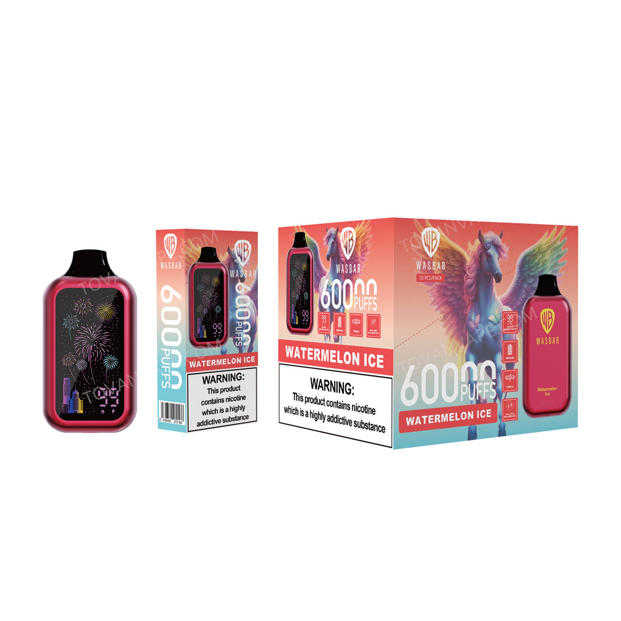 wasbar 60k et watermelon ice présentés avec leurs emballages individuels et en gros