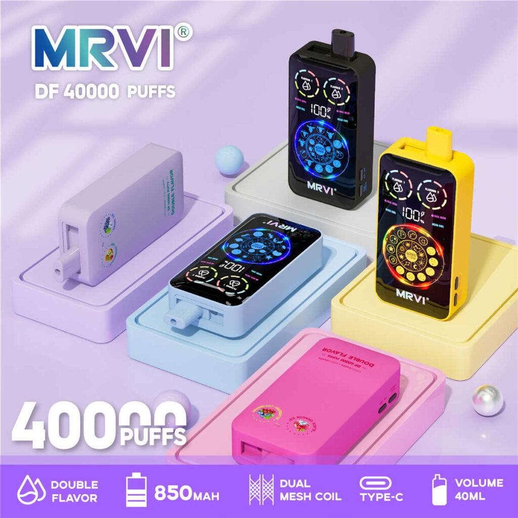 5 cigarettes électroniques mrvi df 40000 aux couleurs vives, proposant différentes saveurs, posées par terre