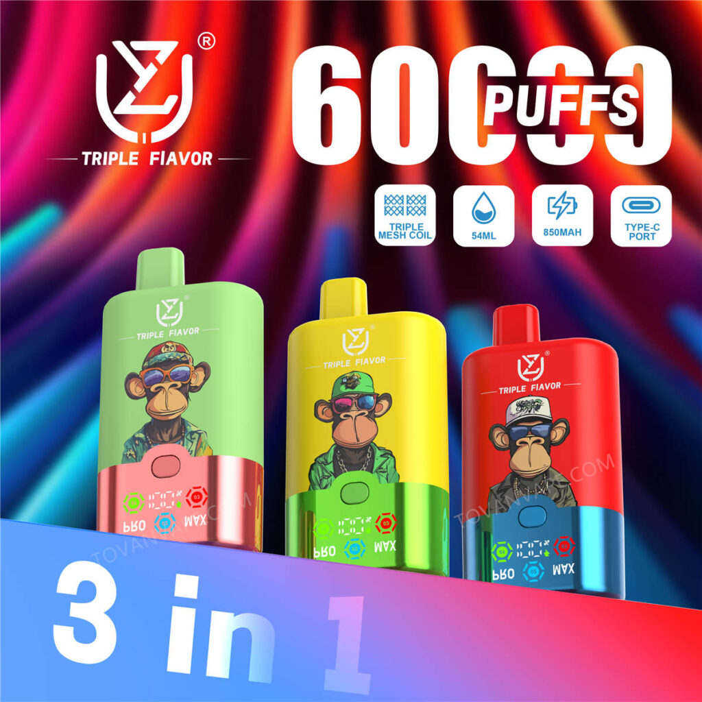 Ein Set aus drei E-Zigaretten der Modelle uzy und triple flavor 60000 in verschiedenen Farben und Geschmacksrichtungen