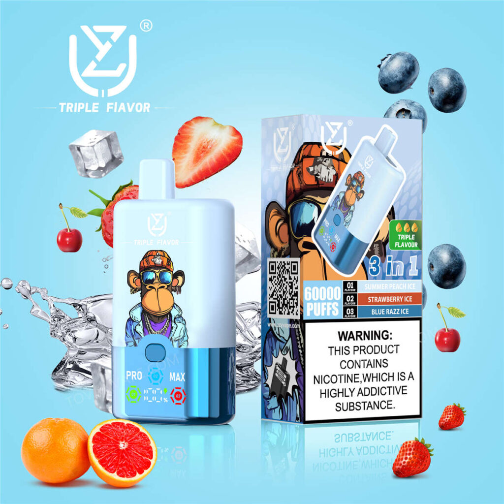 Ein einzelnes uzy triple flavor 60000-E-Zigarettengerät, präsentiert neben seiner offiziellen Verkaufsverpackung