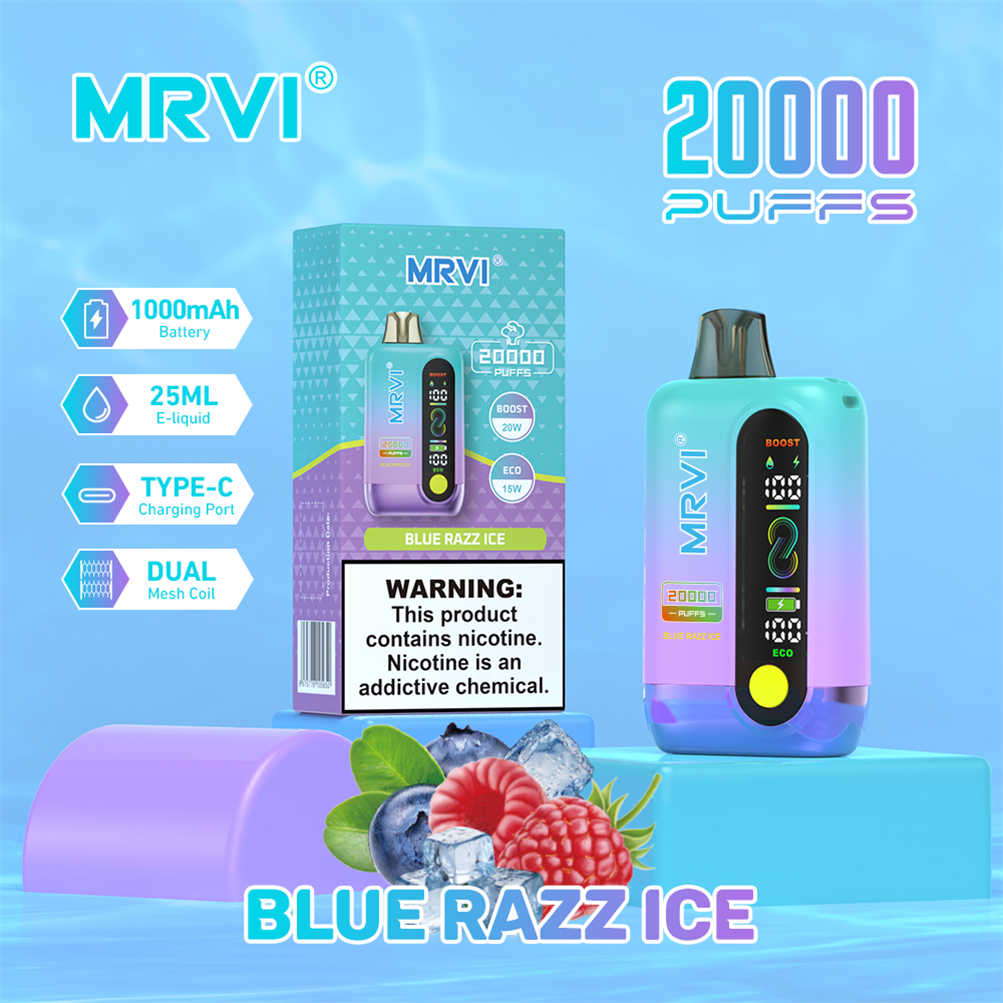 Die Geschmacksrichtung „blue razz ice“ des E-Zigaretten-Modells „mrvi 20000“, abgebildet in ihrer eigenen Verkaufsverpackung
