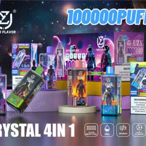 Fünf E-Zigaretten der Modelle uzy und crystal 100k in verschiedenen Geschmacksrichtungen, die auf einem Tisch liegen