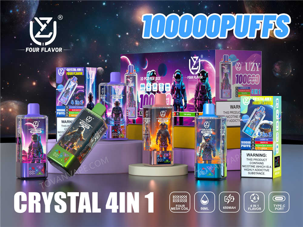 Fünf E-Zigaretten der Modelle uzy und crystal 100k in verschiedenen Geschmacksrichtungen, die auf einem Tisch liegen
