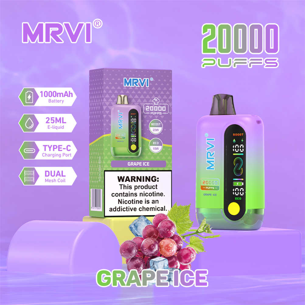 grape ice mrvi 20000 E-Zigarette und die dazugehörige Verkaufsverpackung grape ice mrvi 20000 E-Zigarette und die dazugehörige Verkaufsverpackung