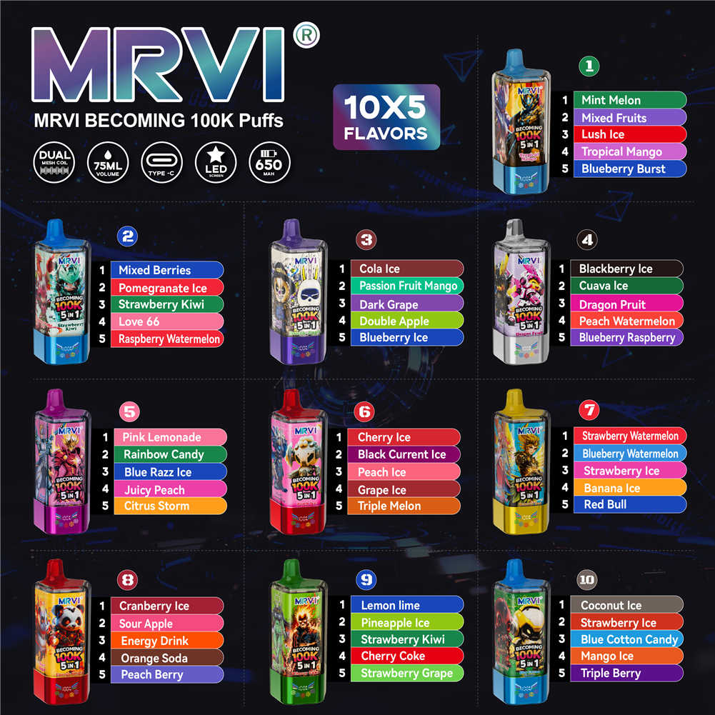 guide illustré des saveurs présentant en détail les 10 options uniques disponibles pour le modèle mrvi becoming 100k