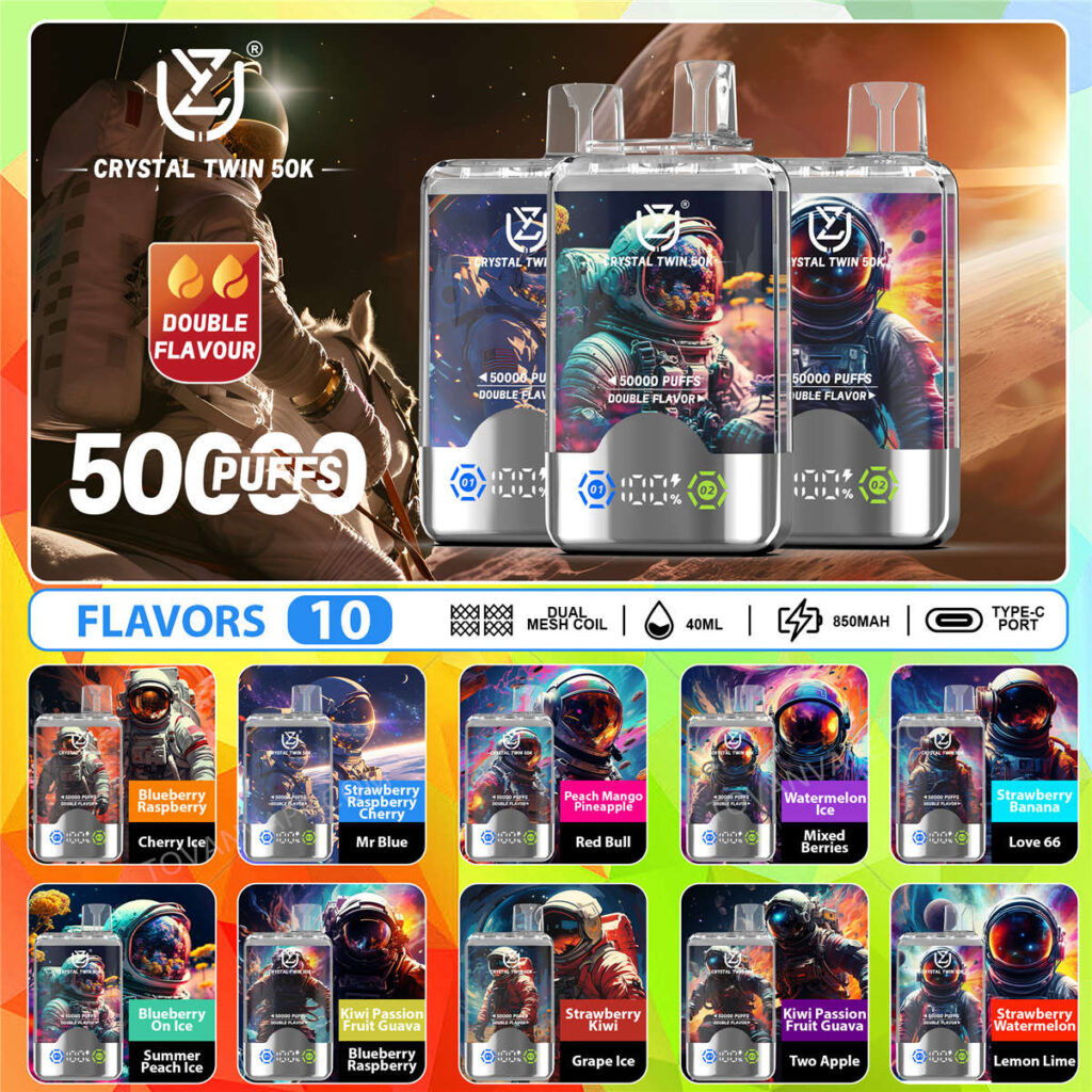 Liste aller zehn Geschmacksrichtungen und technische Daten für den uzy crystal twin 50k Vape