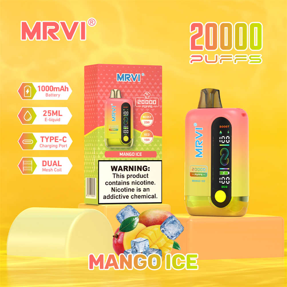 Die Version mango ice des Modells mrvi 20000, abgebildet mit ihrer Einzelverpackung Die Version mango ice des Modells mrvi 20000, abgebildet mit ihrer Einzelverpackung