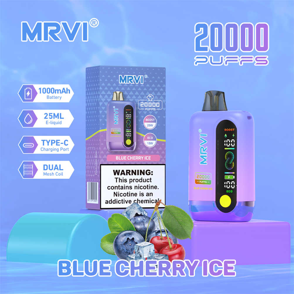 mrvi 20000 blue cherry ice Vape neben dem Verkaufs-Karton