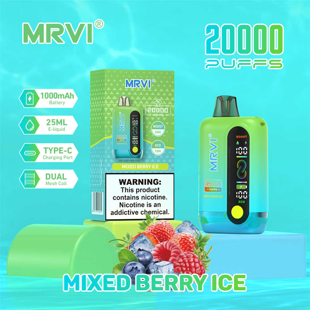 mrvi 20000 mixed berry Eis, das neben seiner Verkaufsverpackung liegt mrvi 20000 mixed berry Eis, das neben seiner Verkaufsverpackung liegt