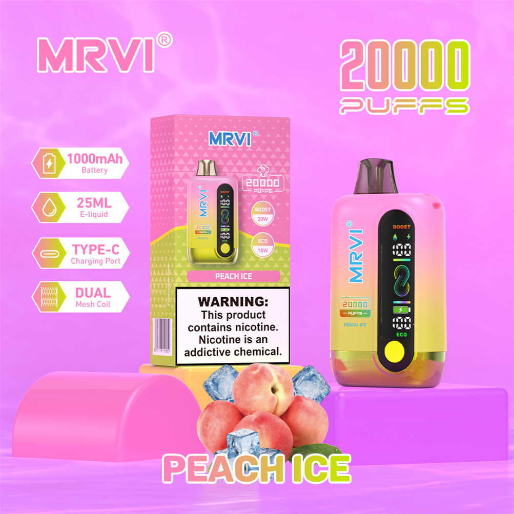 mrvi 20000 peach ice E-Zigarette, präsentiert zusammen mit ihrer offiziellen Verkaufsverpackung mrvi 20000 peach ice E-Zigarette, präsentiert zusammen mit ihrer offiziellen Verkaufsverpackung