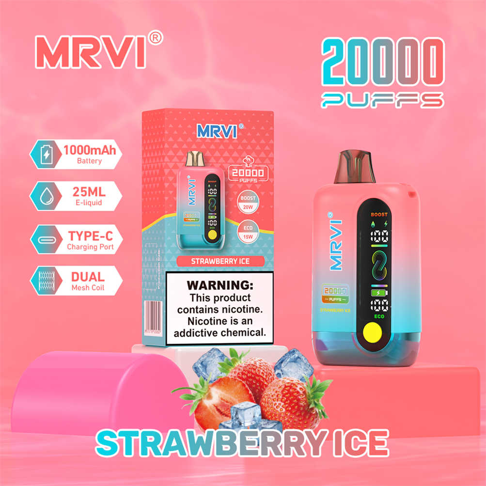 mrvi 20000 strawberry ice Vape, ausgestellt neben seiner Verkaufsverpackung