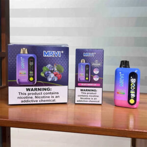 Das Vape-Gerät mrvi 20000 auf einem Tisch, abgebildet in seiner Einzelhandels- und Großhandelsverpackung