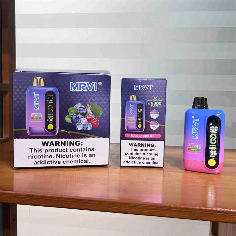 La cigarette électronique mrvi 20000 présentée sur une table avec ses emballages destinés à la vente au détail et à la vente en gros