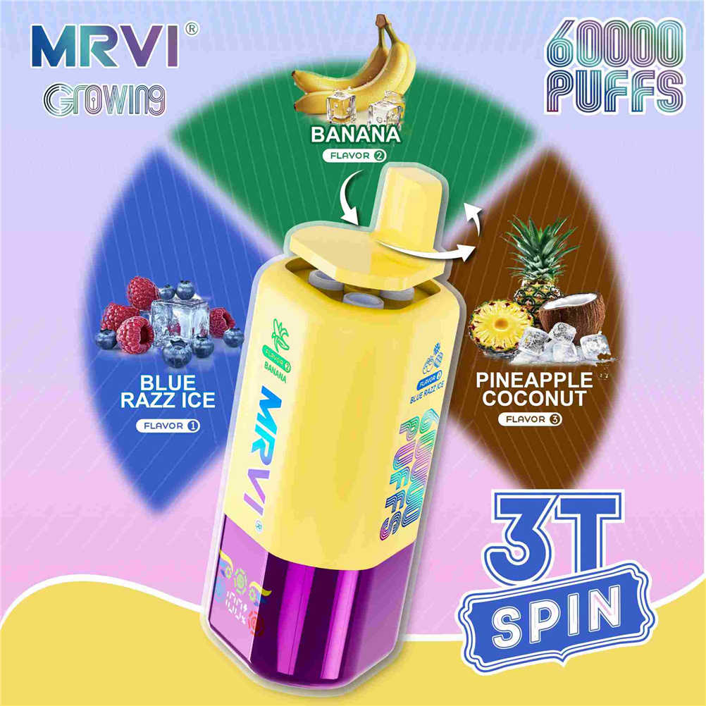 mrvi growing 60k 3t spin pineapple coconut banane blue razz ice Mrvi Growing 60K 3T Spin, Pineapple Coconut, « Banana » et Blue Razz Ice