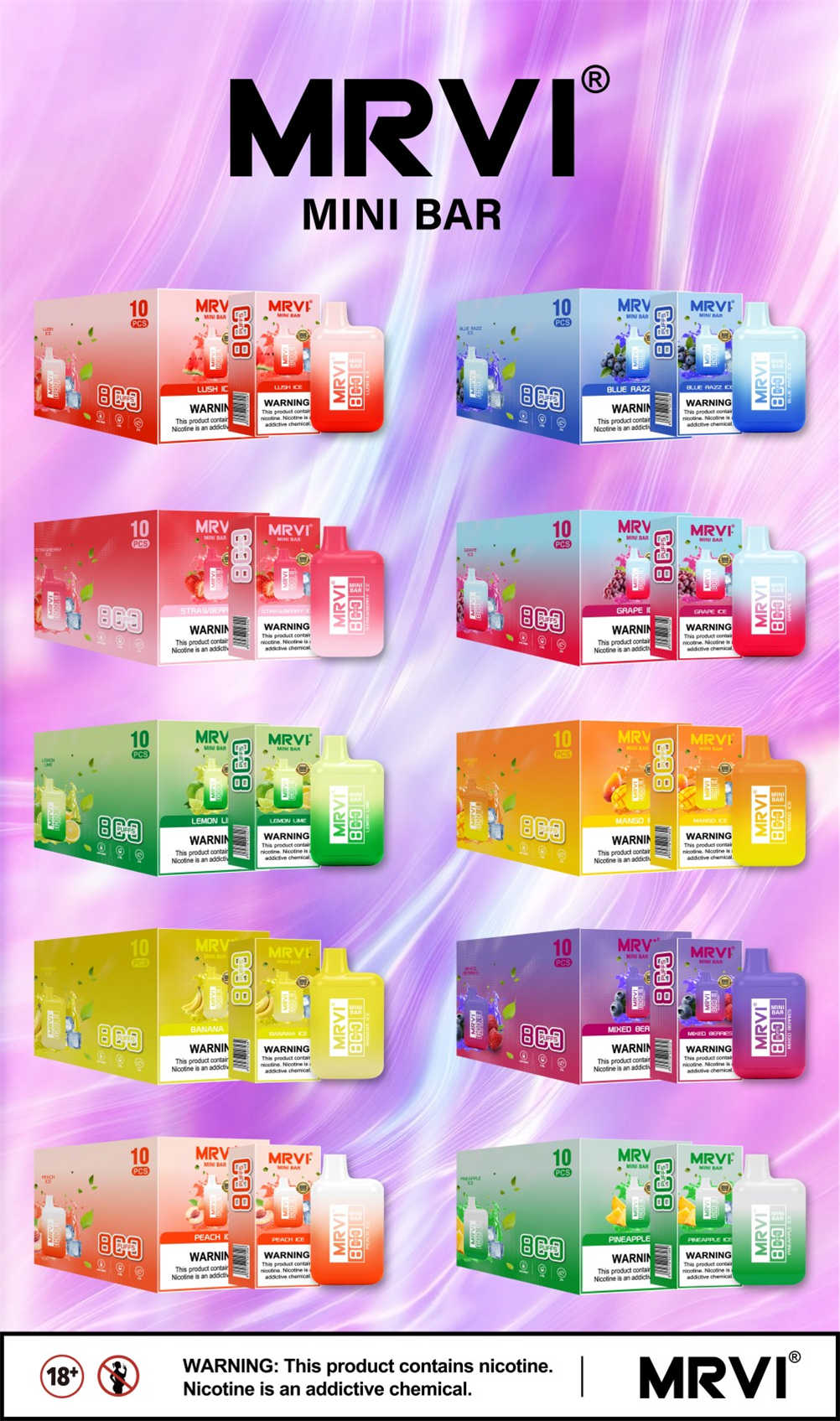 mrvi mini bar 800 – Verpackungen für den Einzel- und Großhandel mit E-Zigaretten in 10 verschiedenen Geschmacksrichtungen