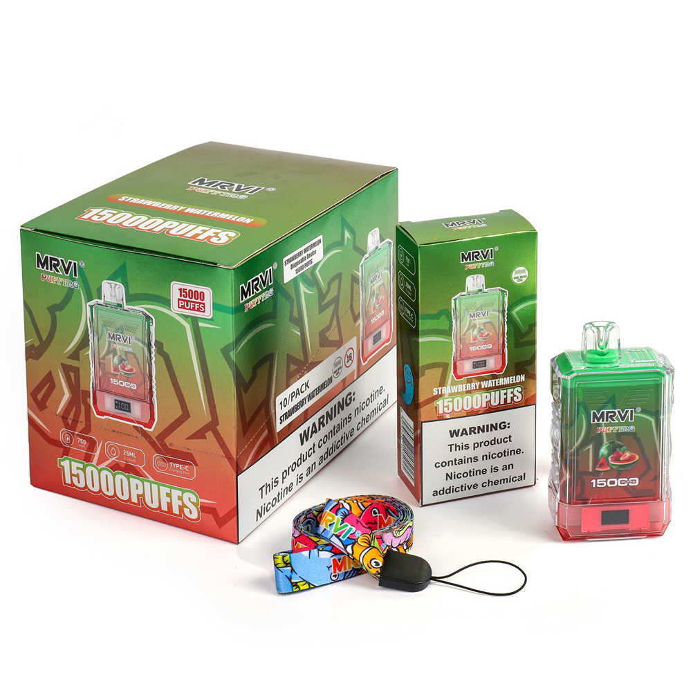 La cigarette électronique mrvi puffing 15k à côté de son emballage individuel destiné à la vente au détail et de son carton de gros