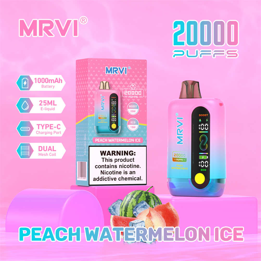 peach watermelon ice mrvi 20000 E-Zigarette, präsentiert in ihrer Produktverpackung