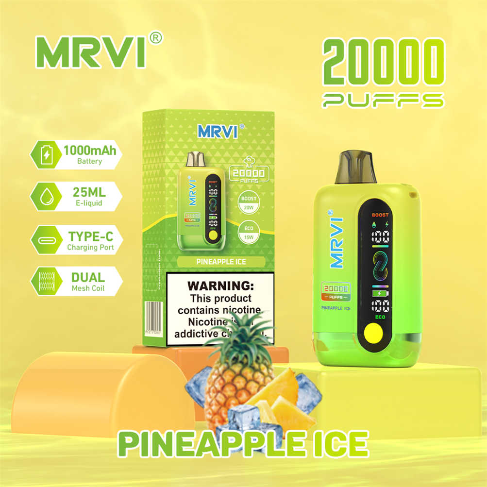 Die Geschmacksrichtung „pineapple ice“ des E-Zigaretten-Modells „mrvi 20000“ in ihrer Verkaufsverpackung
