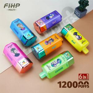 six vapoteuses fihp 120k « 6 en 1 » aux saveurs variées, disposées sur un bureau à des fins de présentation