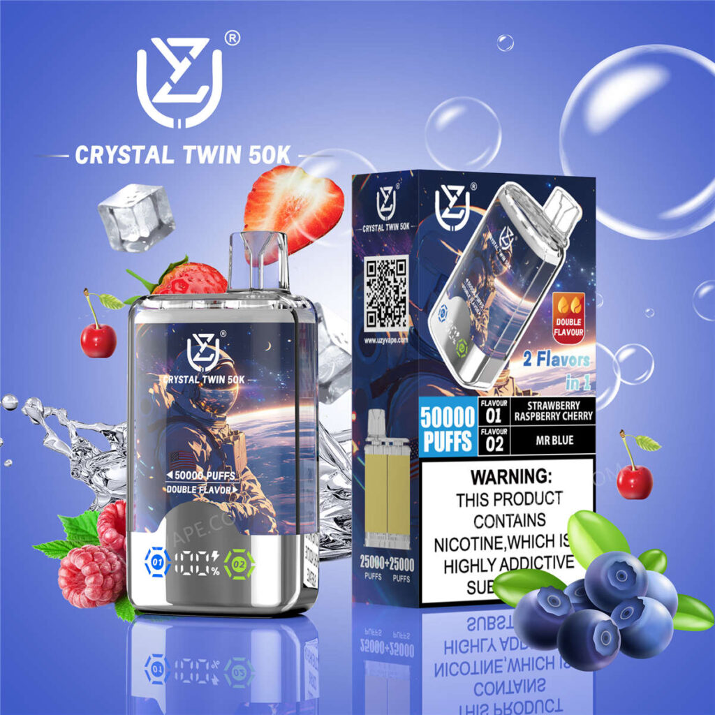 Das Vape-Gerät uzy crystal twin 50k, deutlich sichtbar neben seiner Originalverpackung dargestellt