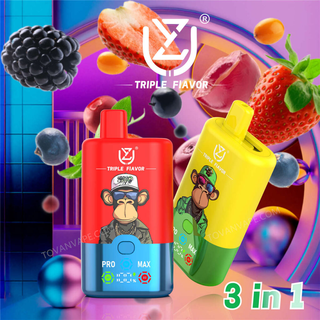 Zwei Vape-Geräte vom Typ uzy und triple flavor 60000, umgeben von frischen Früchten, um den Geschmack hervorzuheben