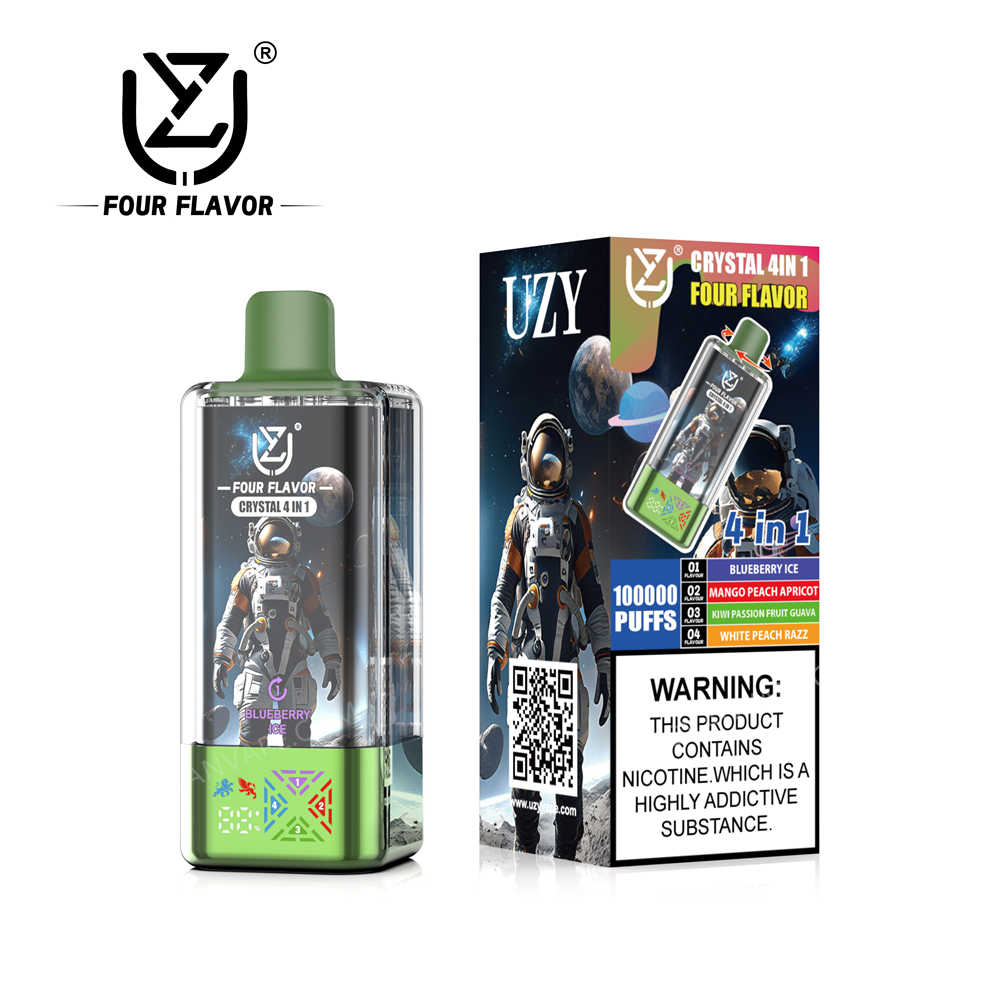 uzy, crystal 100k, blueberry ice, mango peach (apricot), kiwi passion fruit guava – white peach razz mit Verkaufsverpackung