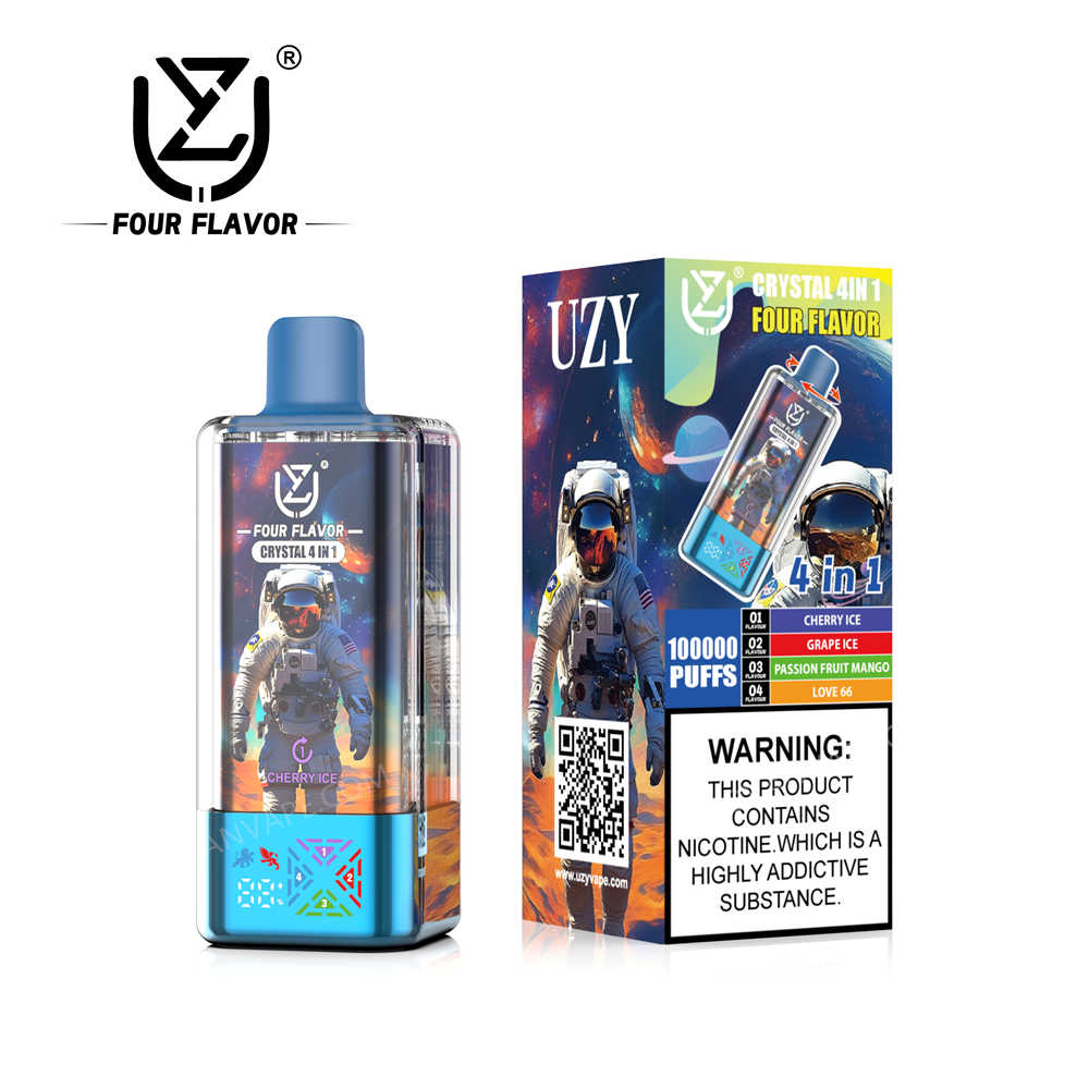 uzy, crystal 100k, cherry ice, grape ice, passion fruit (Mango) – love 66 (Geschmacksrichtungen) neben der Verkaufsverpackung uzy, crystal 100k, cherry ice, grape ice, passion fruit (Mango) – love 66 (Geschmacksrichtungen) neben der Verkaufsverpackung