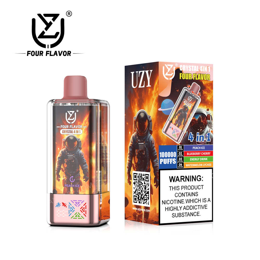 uzy, crystal 100k, peach ice, blueberry cherry, energy drink – watermelon lychee in Verkaufsverpackung