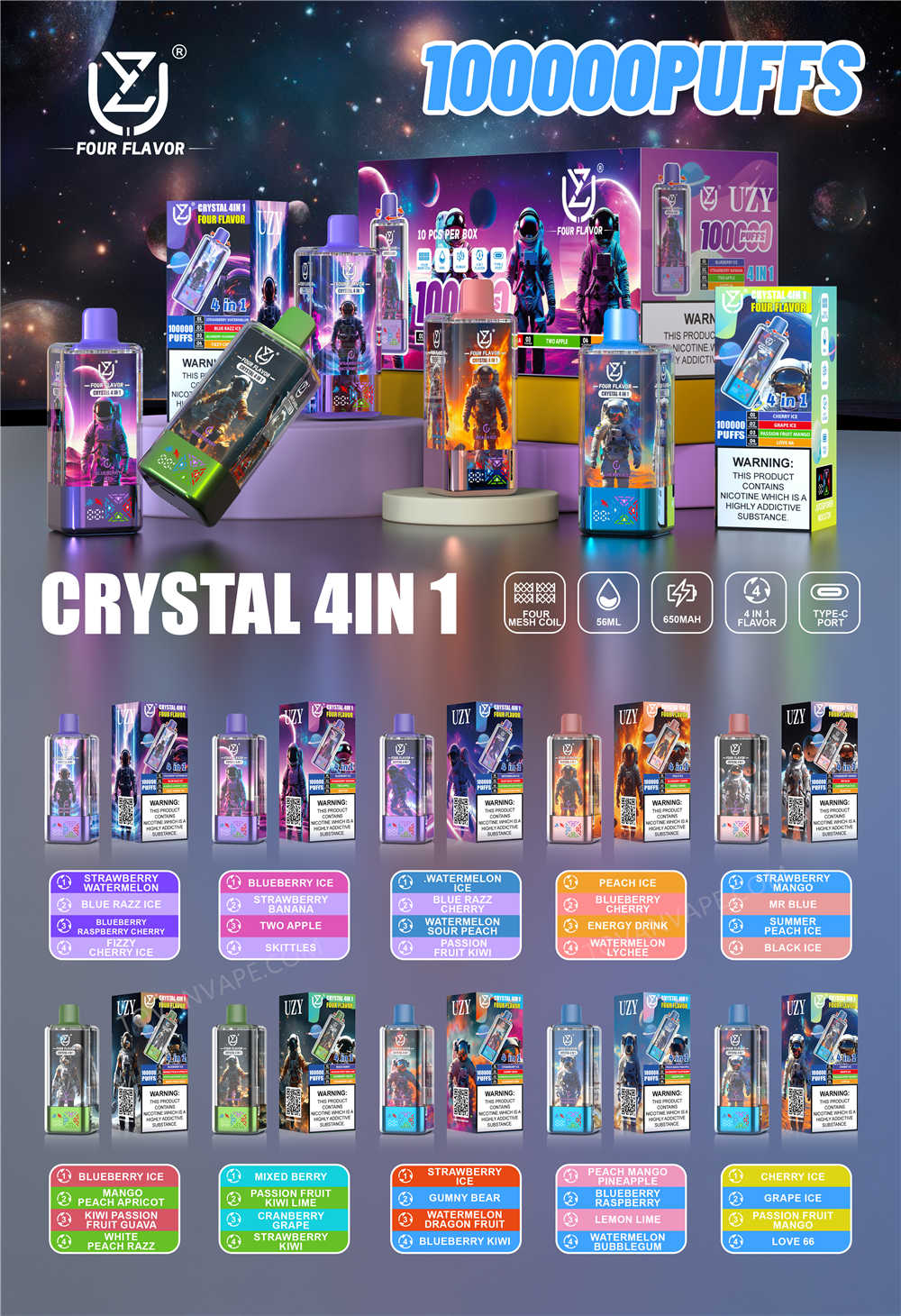 uzy, crystal 100k – Technische Daten und zehn verschiedene Geschmacksrichtungen