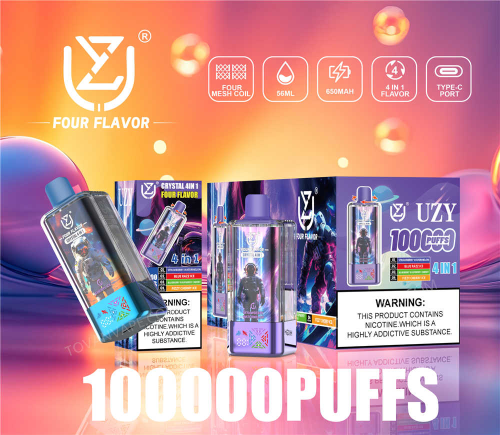 uzy crystal 100k Vape, dargestellt mit Einzelhandels- und Großhandelsverpackungen