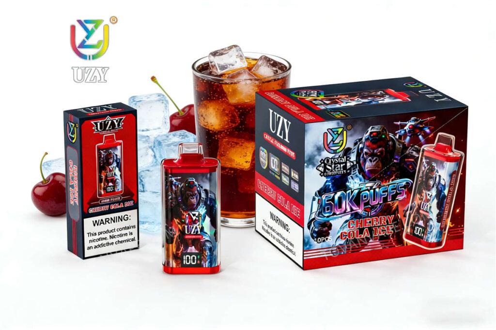 uzy, crystal star 60k, cherry cola ice, garniert mit roten Kirschen und Eiswürfeln