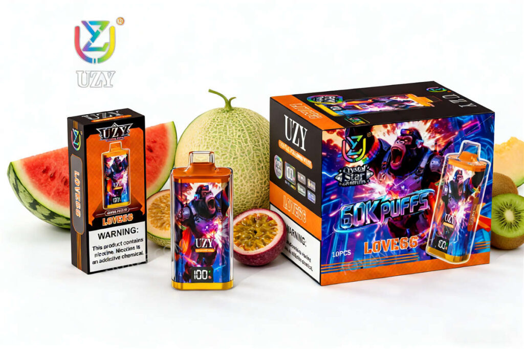 uzy, crystal star 60k, love66 – Vape, präsentiert mit frischen tropical fruits und grünen Minzblättern