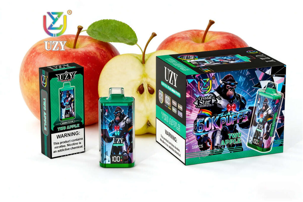 uzy crystal star 60k two apple E-Zigarette, umgeben von knackigen roten und grünen Äpfeln