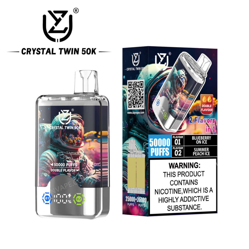 uzy, crystal twin 50k, blueberry on ice und summer peach ice, abgebildet neben ihrer Verkaufsverpackung