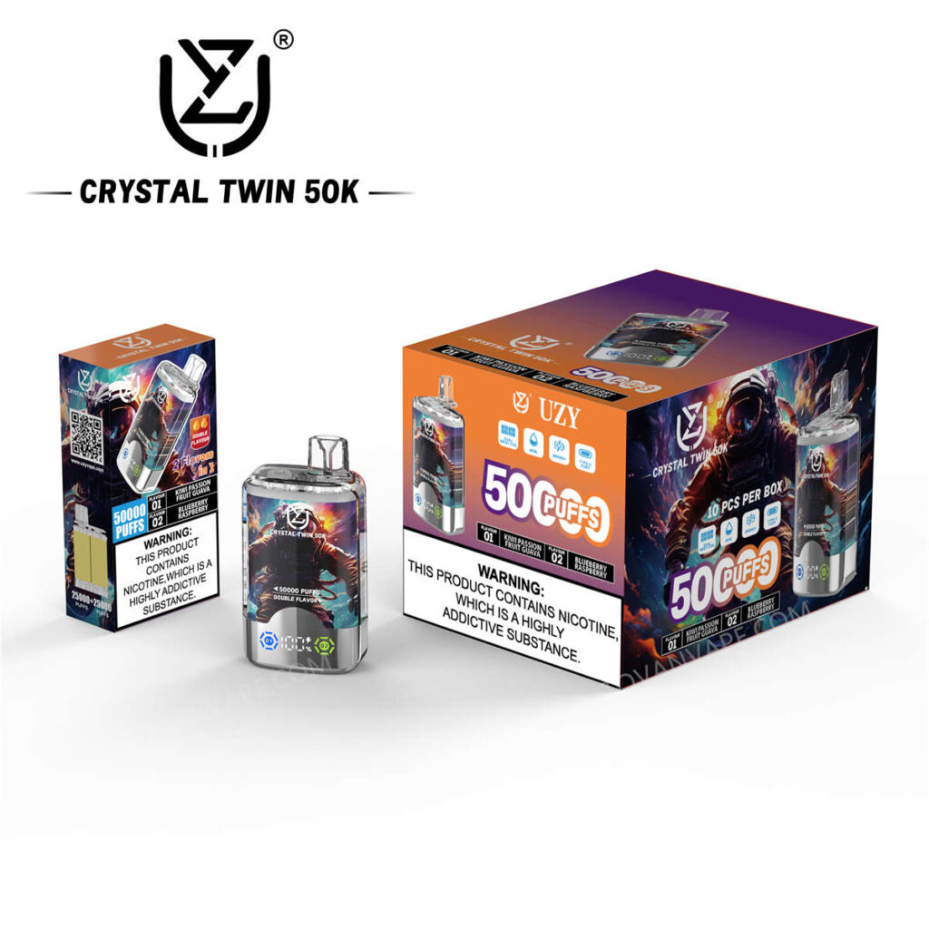 uzy, crystal twin 50k, kiwi passion fruit guava und blueberry raspberry mit beiden Verpackungskartons