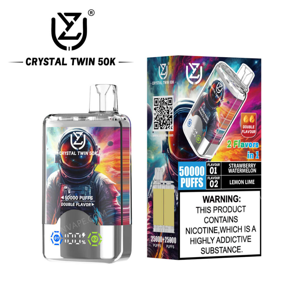 Die Varianten uzy, crystal twin 50k, strawberry watermelon und lemon lime werden in Verkaufsverpackung präsentiert