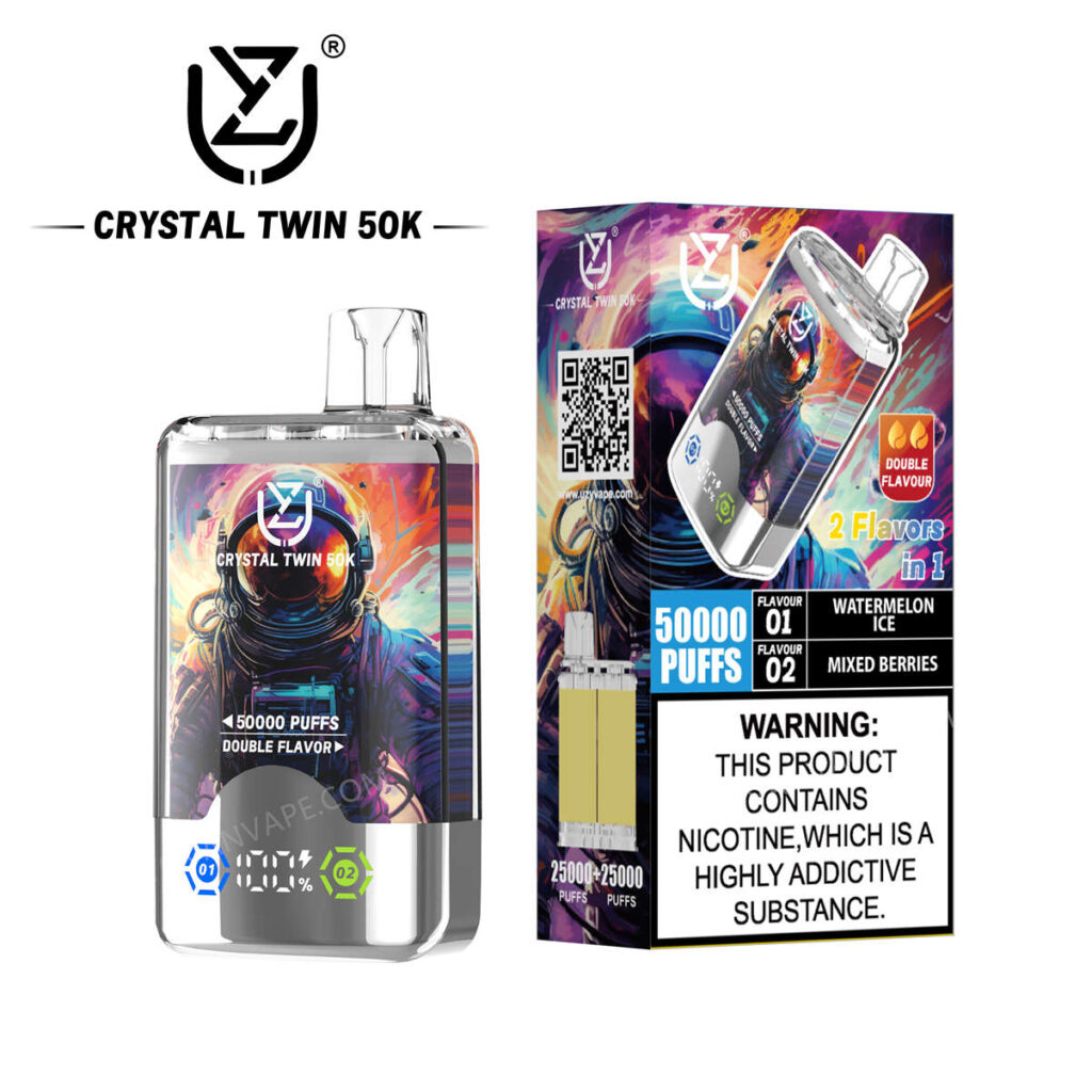 Die Geräte uzy, crystal twin 50k, watermelon ice und mixed berries sind zusammen mit ihrer Verkaufsverpackung abgebildet.