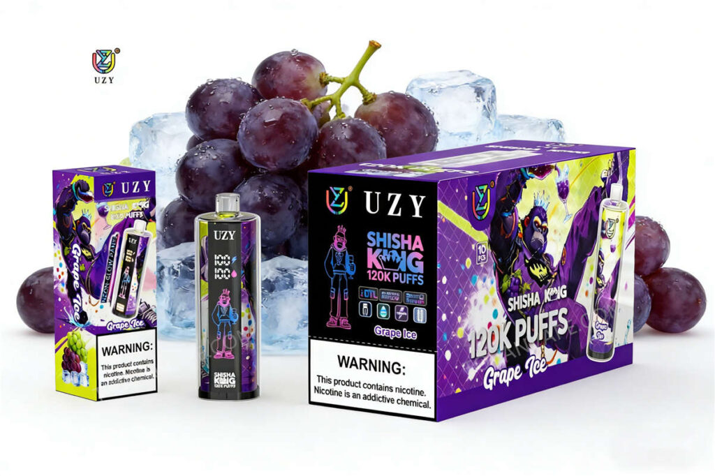 uzy shisha hookah king 120k grape ice E-Liquid mit Fruchtgeschmack, umgeben von violetten Trauben und eisgekühlten Eisblöcken