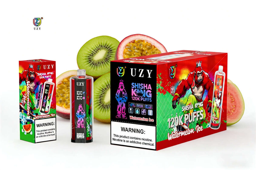uzy, shisha hookah king 120k, umgeben von Kiwischeiben, passion fruit und Guave – für dieses tropische E-Liquid-Aroma