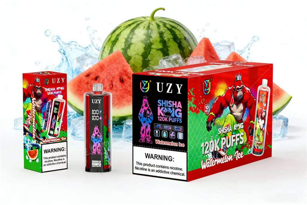 uzy, shisha hookah king 120k, watermelon ice, serviert zwischen saftigen Wassermelonenstücken und kalten Eiswürfeln